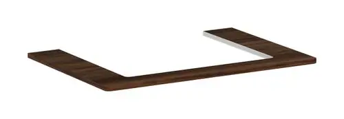 Dunkle Holzkonsole von Hansgrohe mit mittigem Ausschnitt, geeignet für einen Aufsatzwaschtisch. Rechteckige Form mit glatter Oberfläche.